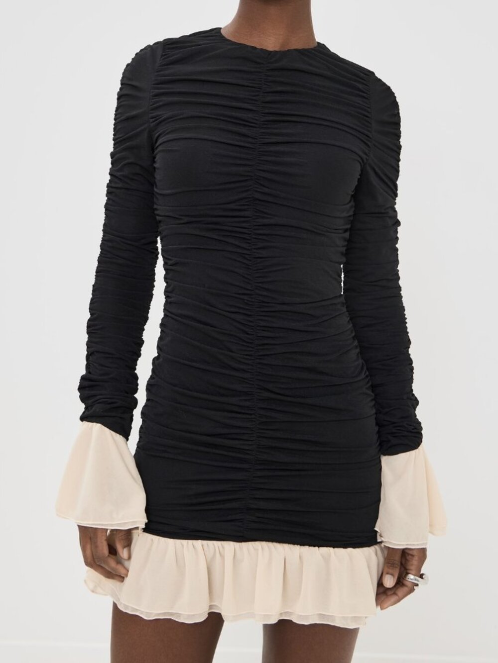 ROTATE Mini Ruched Long Sleeve Dress Black Combination